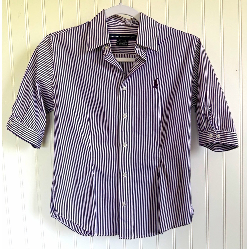 Ralph Lauren Sport Womens 4 Purple White Striped Button-Up 3/4 Emb Pony Preppy